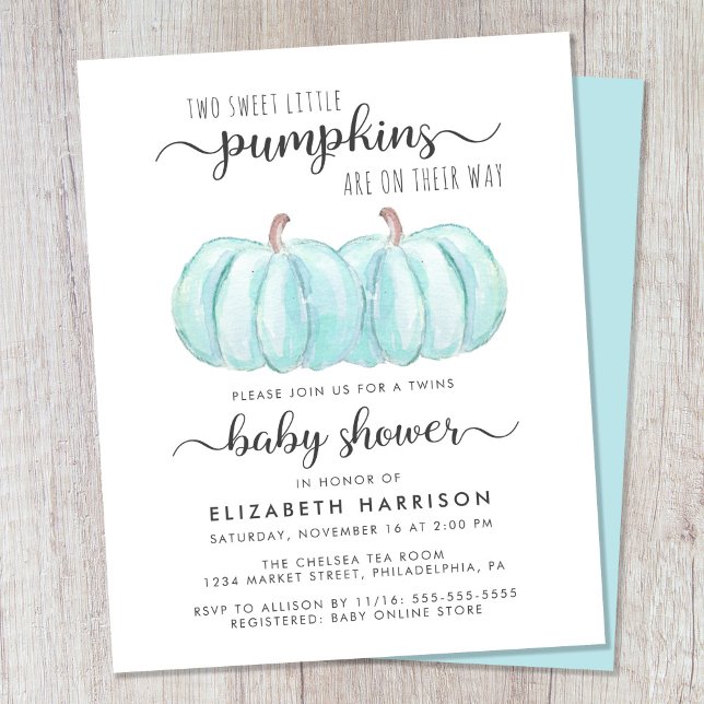 Pumpkin Blue Twin Baby Boys Dusche Einladung (Celebrate the upcoming arrival of your autumn twin baby boys with a pumpkin-themed baby shower)