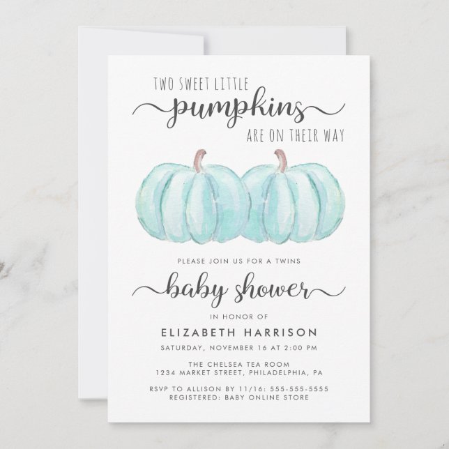 Pumpkin Blue Twin Baby Boys Dusche Einladung (Vorderseite)