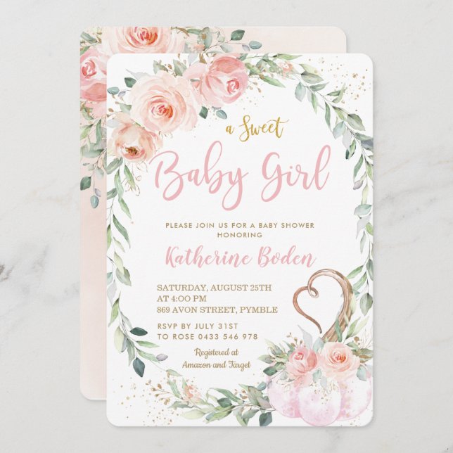 Pumpkin Blush Pink Blumenkreide Girl Babydusche Einladung (Vorne/Hinten)