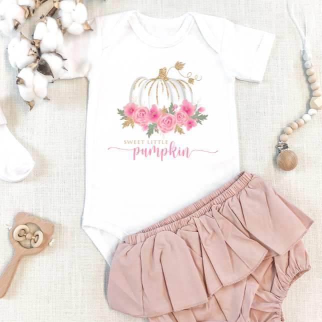 Pumpkin Blush Pink Gold Floral Fall Baby Girl Strampler (Von Creator hochgeladen)
