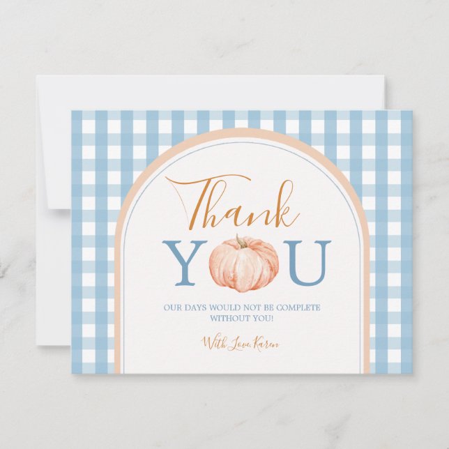 Pumpkin Boho Blue Gingham 1. Geburtstag Dankeskarte (Vorderseite)