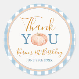 Pumpkin Boho Blue Gingham 1. Geburtstag Vielen Dan Runder Aufkleber