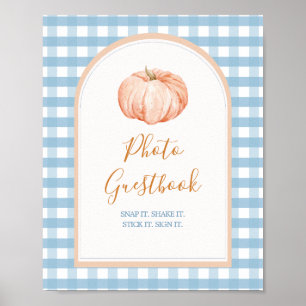 Pumpkin Boho Blue Gingham Foto Guestbook Sign Poster
