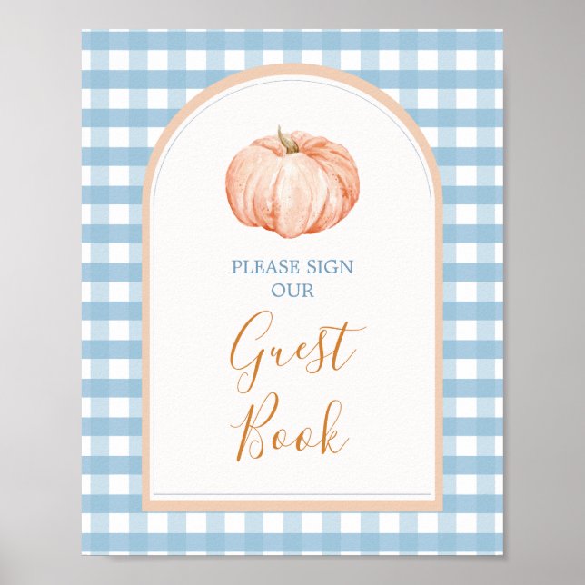 Pumpkin Boho Blue Gingham Gästebuch Babydusche (Vorne)