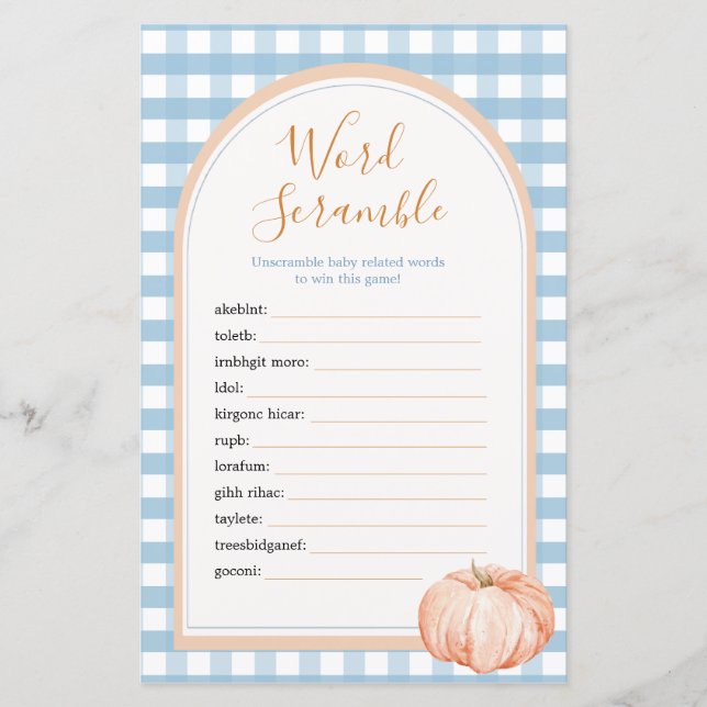 Pumpkin Boho Blue Gingham Word Scramble Game (Vorderseite)
