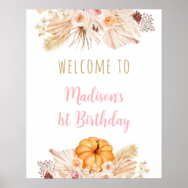 Pumpkin Boho Floral Birthday Willkommen Poster (Vorne)