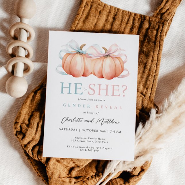 Pumpkin Bow Pink Blue Gender Reveitation Einladung (Von Creator hochgeladen)