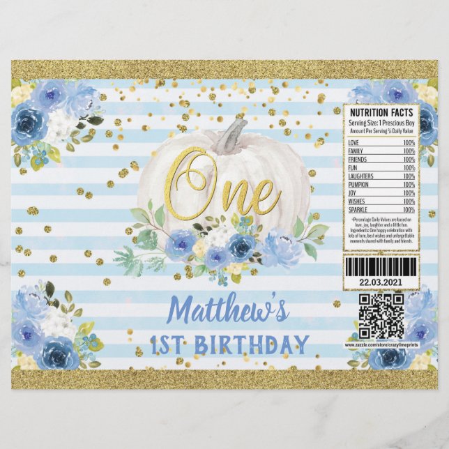 Pumpkin Boy 1st Birthday Blue Chip Bag Wrapper Flyer (Vorne)