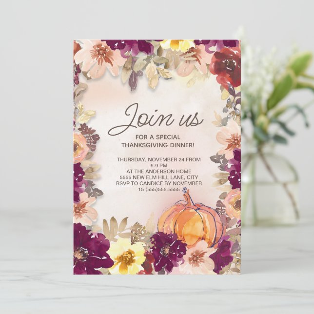 Pumpkin Burgundy Pink Floral Erntedank Dinner (Stehend Vorderseite)