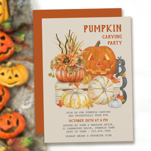 Pumpkin Carving Rustic Farmhouse Halloween-Party Einladung (available printed or as a printable download)