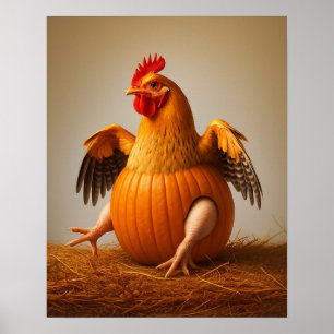Pumpkin Chicken Art, Funny Chicken Wall Art Poster