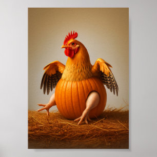Pumpkin Chicken Art, Funny Chicken Wall Art Poster
