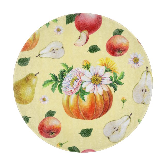 Pumpkin, Chrysanthemum: Herbstfruchtillustrierung. Schneidebrett (Vorderseite)