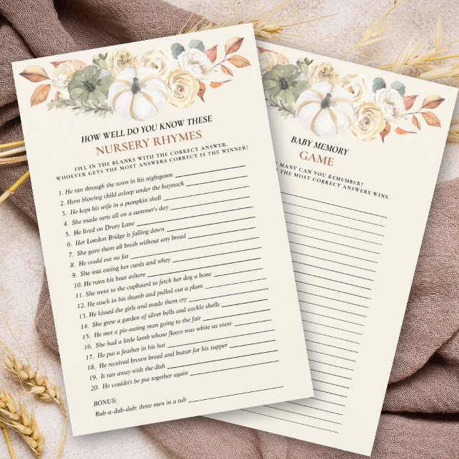 Pumpkin Double Side Baby Showspiele (Entertain your guests with this double sided baby shower game in an autumn pumpkin floral design.)