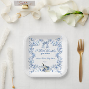 Pumpkin Dusty Blue Whimsical Floral Baby Dusche Pappteller