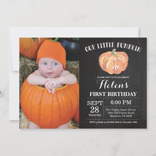 Pumpkin Einladung zum ersten Geburtstag Chalkboard (Vorderseite)