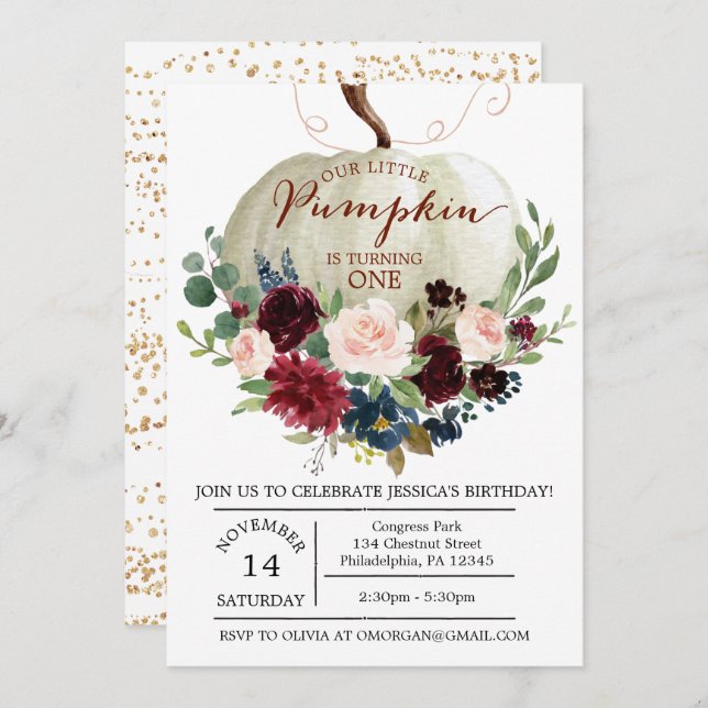 Pumpkin Einladung zum ersten Geburtstag - Herbst G (Vorne/Hinten)