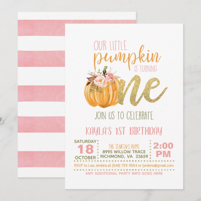 Pumpkin Einladung zum ersten Geburtstag - Mädchen (Vorne/Hinten)