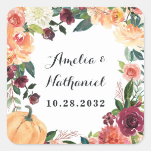 Pumpkin Elegant Fall Floral Rustikale Hochzeit Quadratischer Aufkleber