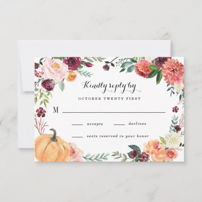 Pumpkin Elegant Fall Floral Rustikale Hochzeit RSVP Karte (Vorderseite)