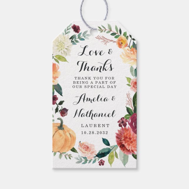 Pumpkin Elegante Fall Floral Rustische Gastgeschen Geschenkanhänger (Vorderseite)