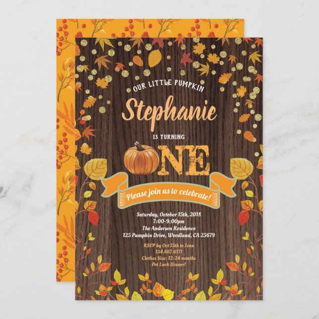 Pumpkin erste Einladung zum Geburtstag. Rustikales (Vorne/Hinten)