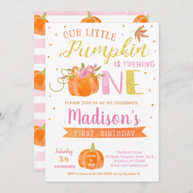 Pumpkin Erste Geburtstagseinladungen Herbst Herbst Einladung (Vorne/Hinten)