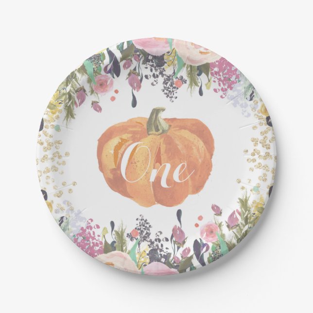 Pumpkin Erste Geburtstagsfloralgoldpapier-Teller Pappteller (Vorderseite)