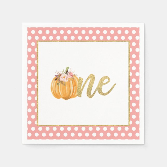 Pumpkin Erster Geburtstag Napkin - Girl Pink Dots Serviette (Vorderseite)