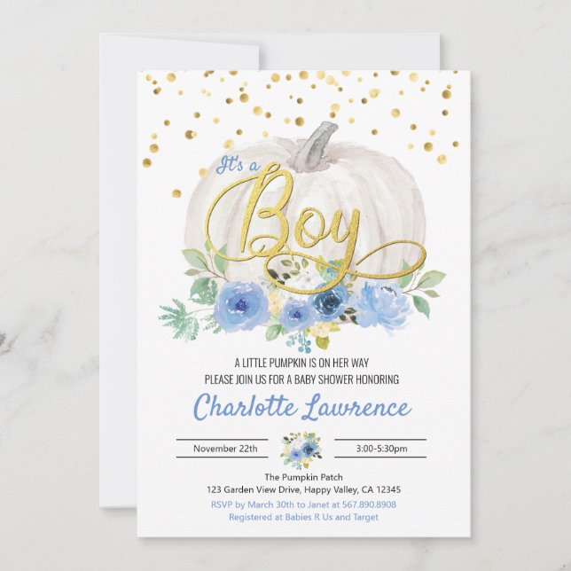 Pumpkin Es ist ein Baby Dusche Blue Einladung (Vorderseite)