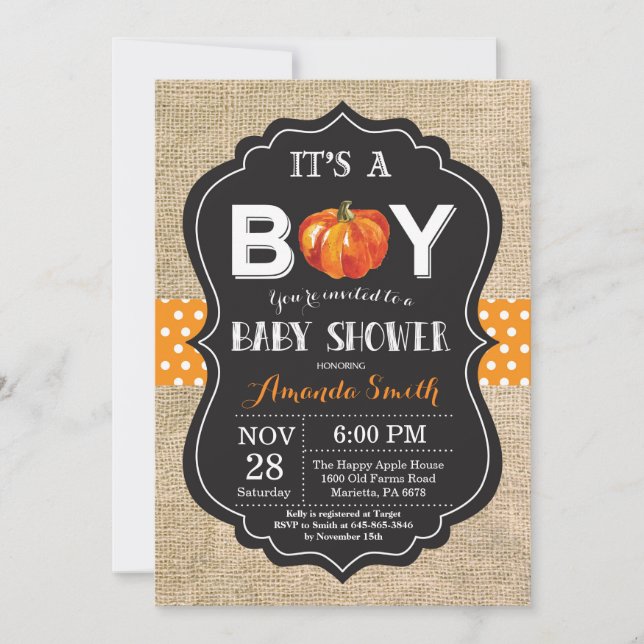 Pumpkin Fall Baby Shower Einladungskarte Burlap Einladung (Vorderseite)
