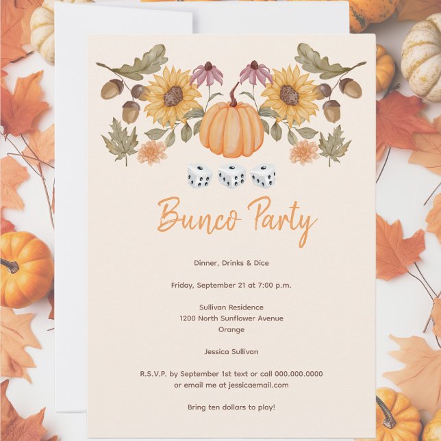 Pumpkin Fall Blumenkohl Bunco Party Einladung (Fall September, October or November Bunco party invitation. Sunflowers with pumpkins. )