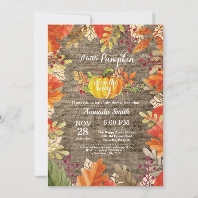 Pumpkin Fall Burlap Baby Dusche Einladung (Vorderseite)