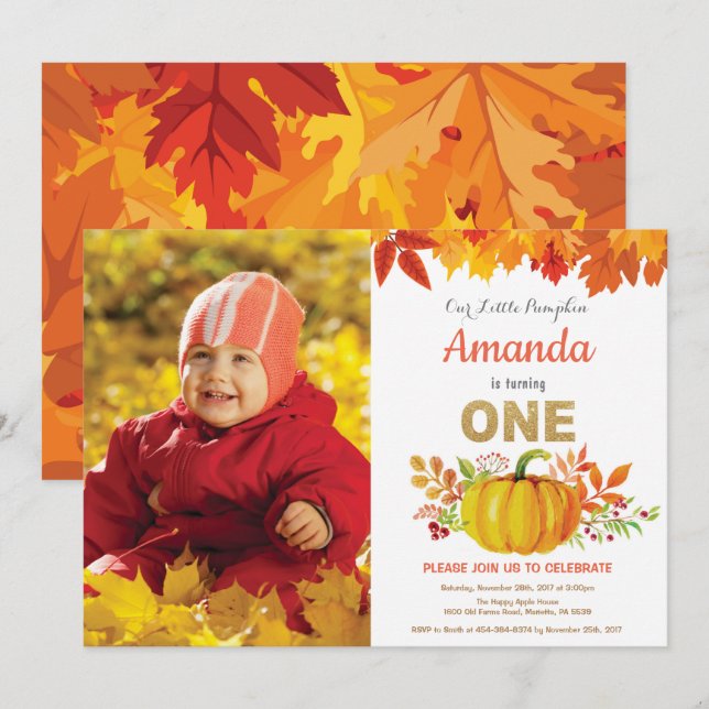 Pumpkin Fall First Birthday Gold Glitzer Einladung (Vorne/Hinten)