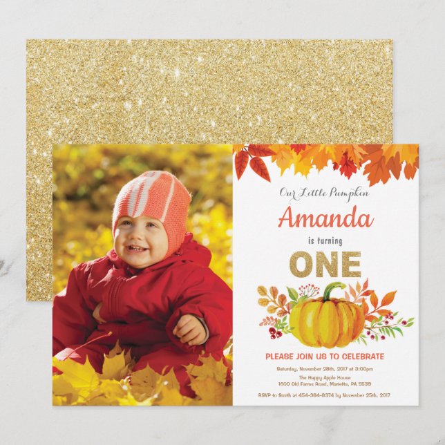 Pumpkin Fall First Birthday Gold Glitzer Einladung (Vorne/Hinten)