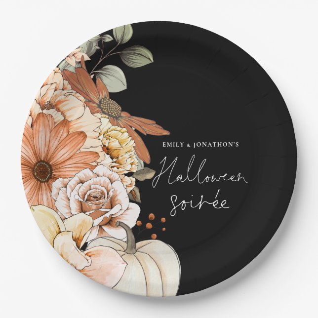 Pumpkin Fall Florals Script Halloween Soirée Black Pappteller (Vorderseite)
