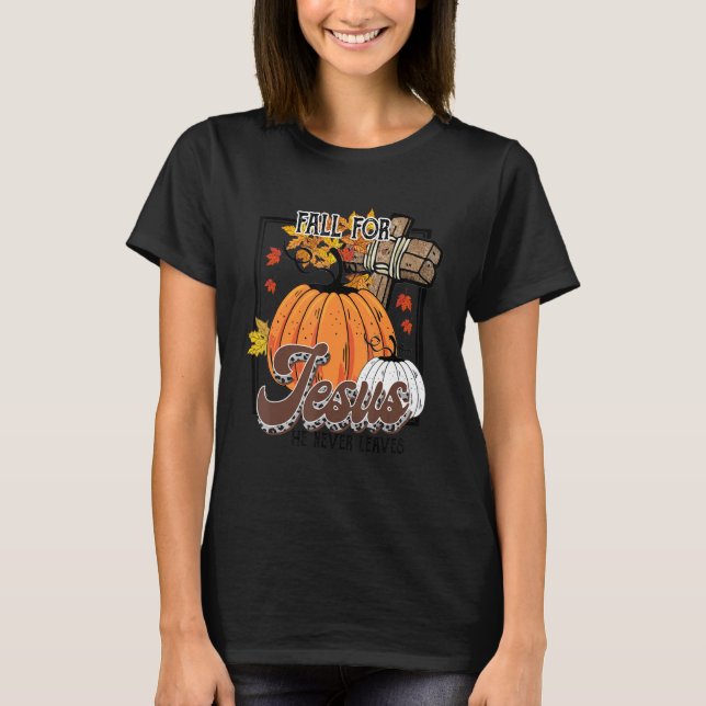 Pumpkin Fall Leaves Cross Christian Saying Religio T-Shirt (Vorderseite)