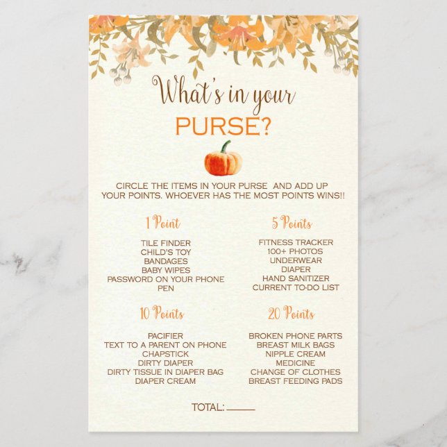 Pumpkin Fall Was ist in Ihrem Purse Baby Shower Ga Flyer (Vorne)