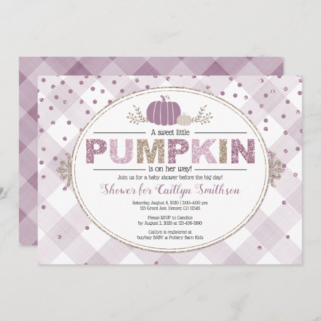 Pumpkin fallen Babydusche Gingham Confetti lila Einladung (Vorne/Hinten)