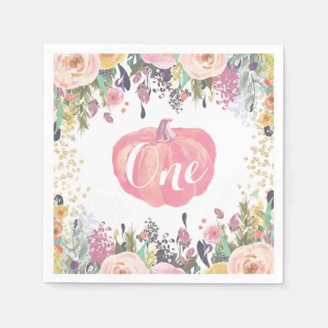 Pumpkin First Birthday Floral Gold Glitzer Serviette (Vorderseite)