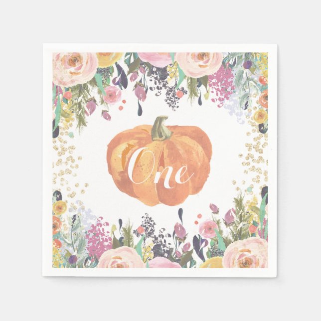 Pumpkin First Birthday Floral Gold Glitzer Serviette (Vorderseite)