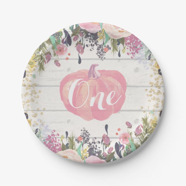 Pumpkin First Birthday Floral Gold Paper Teller (Vorderseite)