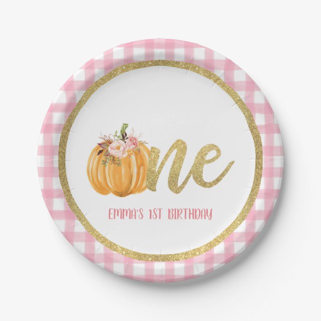 Pumpkin First Birthday Paper Plate - P Gingham C Pappteller (Vorderseite)