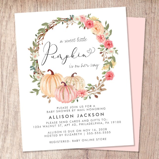 Pumpkin Floral Baby Shower by Mail Einladung (Celebrate the upcoming arrival of your sweet little autumn baby with a pumpkin baby shower by mail)