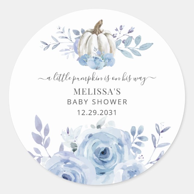 Pumpkin Floral Baby Shower Dusty Blue Runder Aufkleber (Vorderseite)