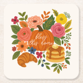 Pumpkin Floral Bless This Home Coaster Fall Rechteckiger Pappuntersetzer