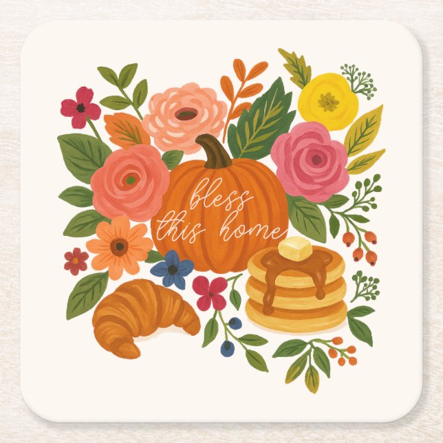 Pumpkin Floral Bless This Home Coaster Fall Rechteckiger Pappuntersetzer (Vorderseite)