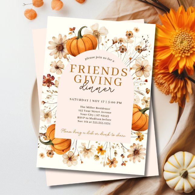 Pumpkin Floral Friendsgiving Dinner Einladung (Fall Pumpkin Friendsgiving Dinner Invitation
)