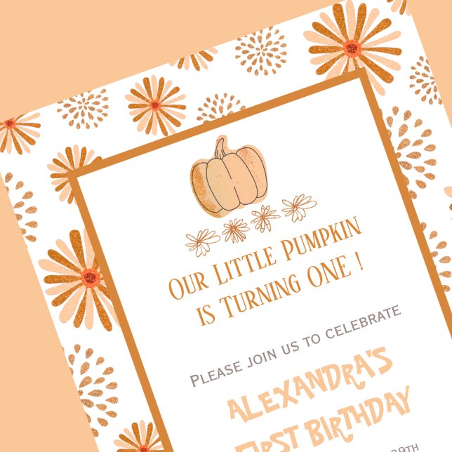 Pumpkin Floral Herbst Halloween 1. Geburtstag Einladung (Halloween-1st-birthday-Invitation-Pumpkin-Floral-Autumn Fall-orange-1)