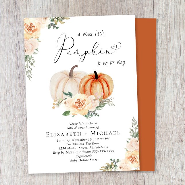 Pumpkin Floral Watercolor Paare Kinderdusche Einladung (Celebrate the upcoming arrival of your sweet autumn baby with a pumpkin-themed couple's baby shower)